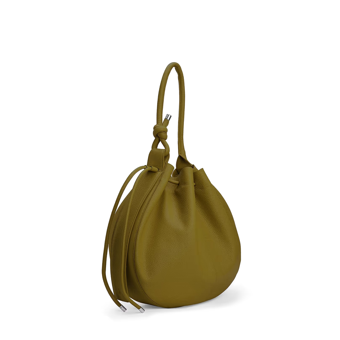 Olive Green Pebble Leather Knotted Handle Drawstring Hobo Shoulder Bag