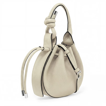 Cream Pebble Leather Mini Knotted Drawstring Crossbody Bucket Bag