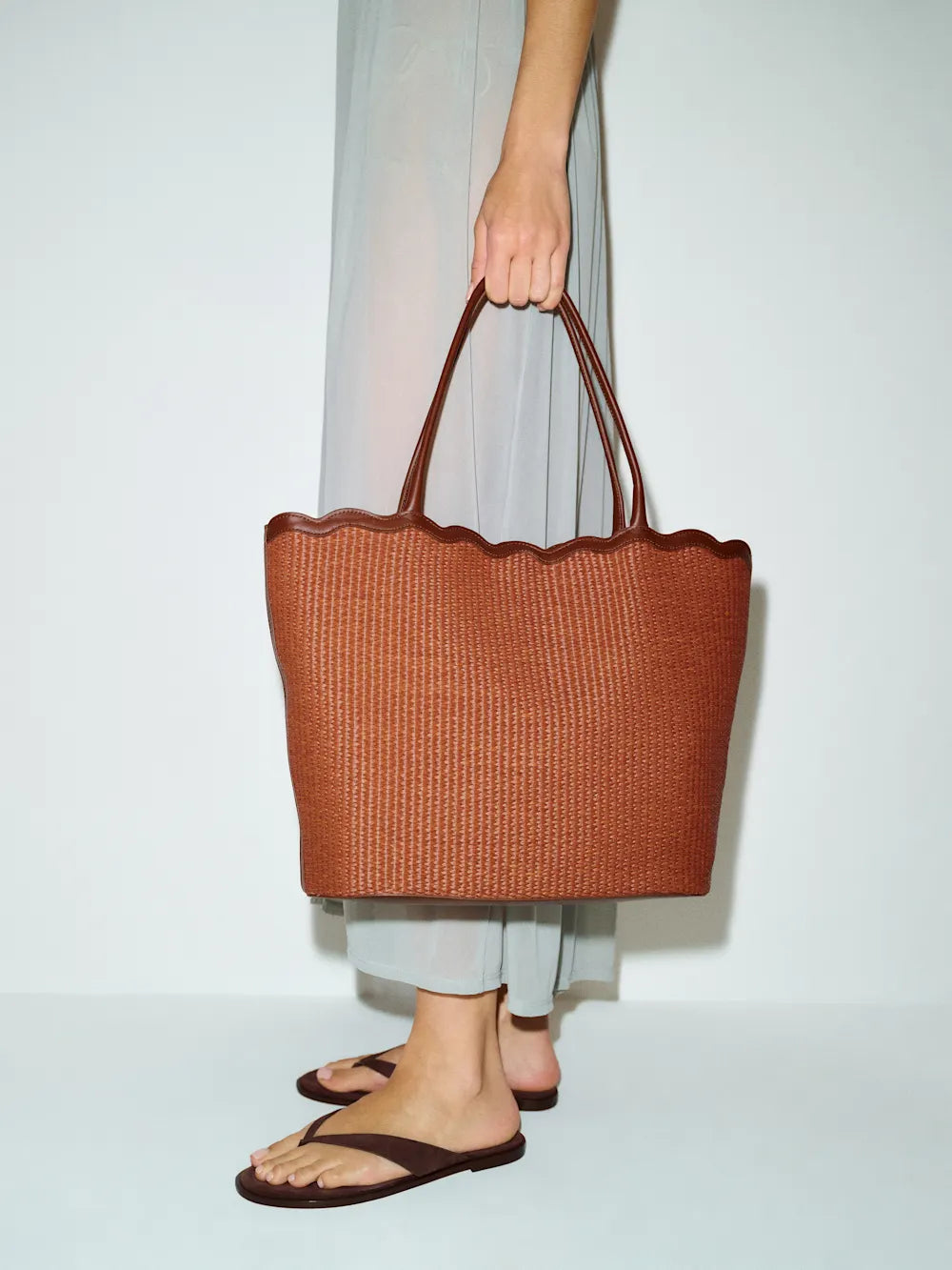 Rust Woven Rattan Scalloped Leather Trim Large Shoulder Tote Bag