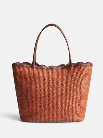 Rust Woven Rattan Scalloped Leather Trim Large Shoulder Tote Bag