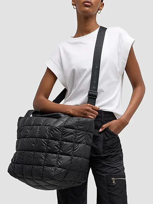 Black Quilted Puffer Large Adjustable Strap Crossbody Tote Bag