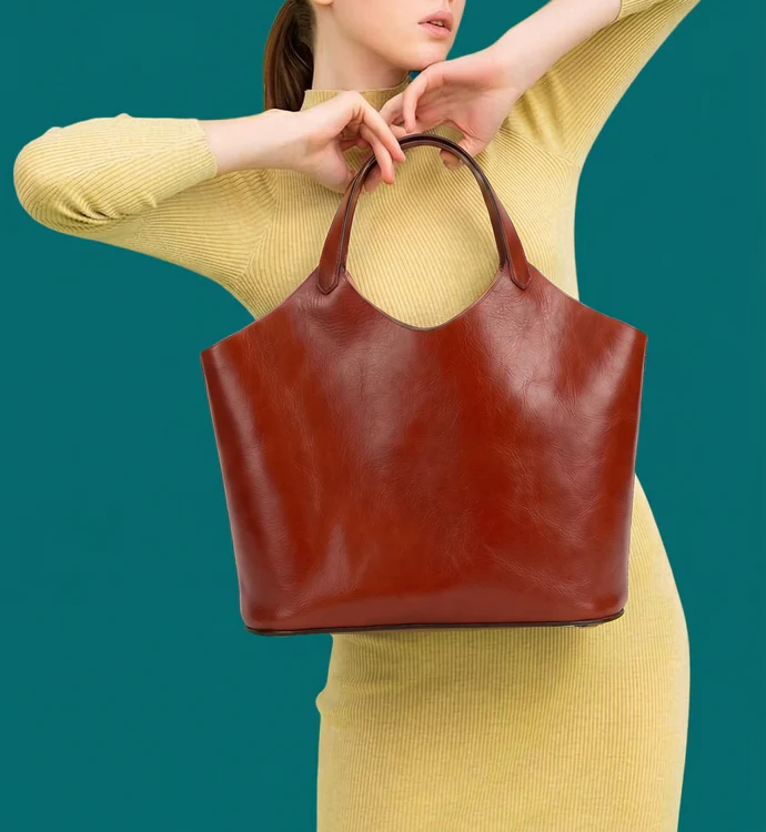 Rust Red Glossy Leather Cutout Handle Open Top Shopper Tote Bag