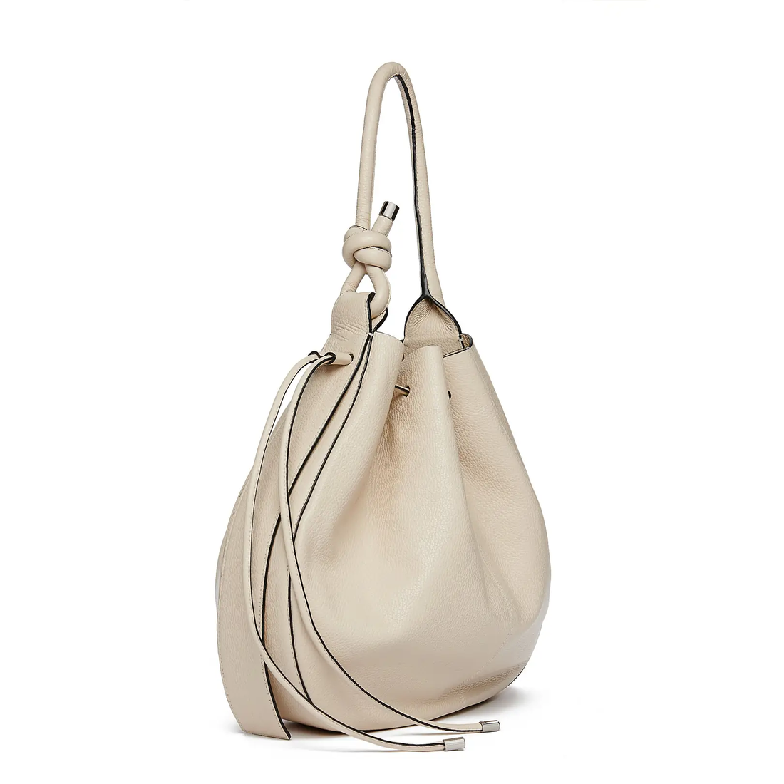 Cream Pebble Leather Mini Knotted Drawstring Crossbody Bucket Bag