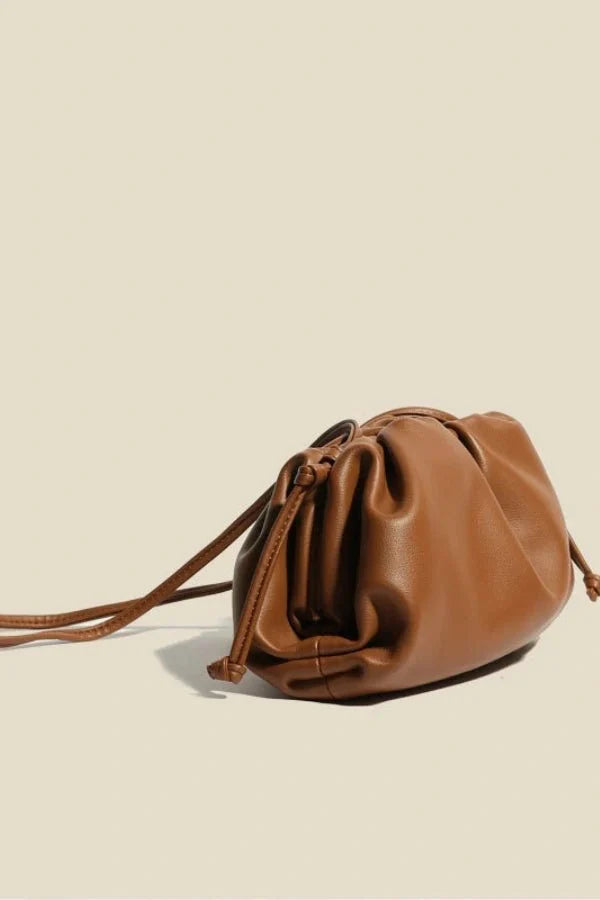 Caramel Soft PU Leather Ruched Cloud Dumpling Drawstring Clutch Bag