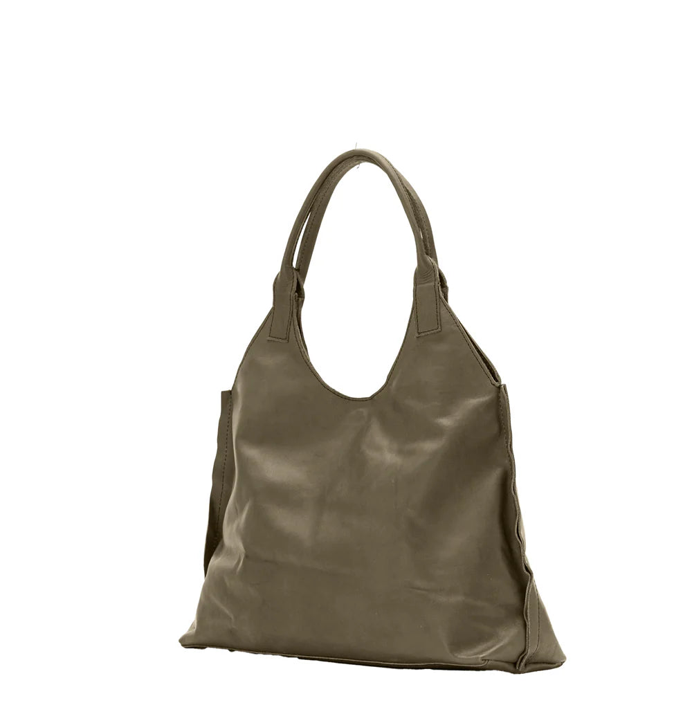 Olive Natural Leather Oversized Soft Slouchy Snap Shoulder Tote Bag