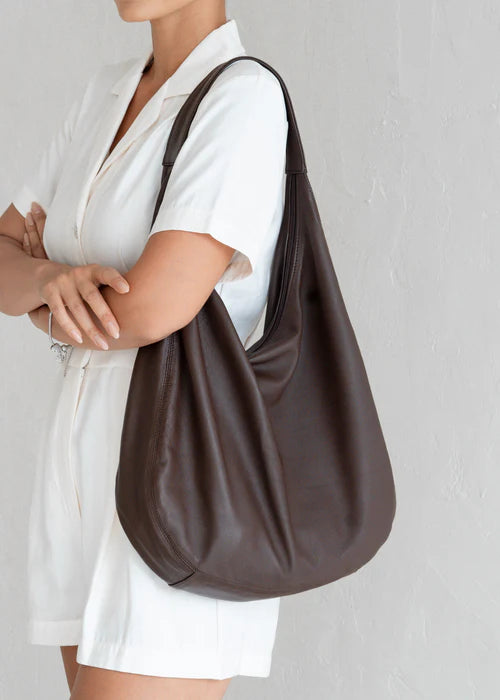 Espresso Sheep Leather Soft Slouchy Zip Top Hobo Shoulder Bag