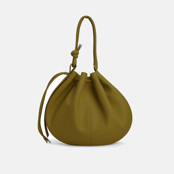 Olive Green Pebble Leather Knotted Handle Drawstring Hobo Shoulder Bag