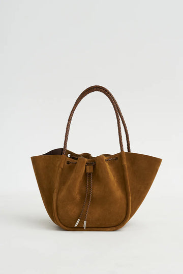Tan Suede Braided Strap Ruched Drawstring Shopper Tote Bag