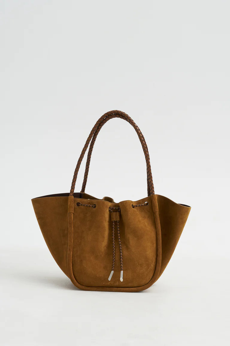 Tan Suede Braided Strap Ruched Drawstring Shopper Tote Bag